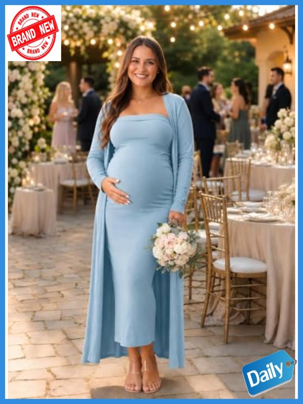 2 Piece Maternity Dress Cardigan Bodycon Strapless Maxi Dresses for Baby Shower - Picture 2 of 6